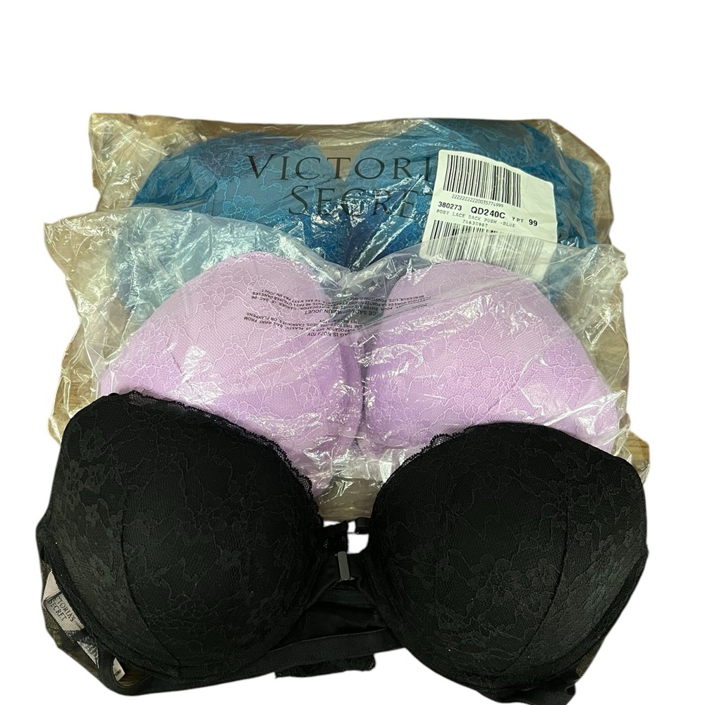 3 Victoria's Secret Women's Lace Bra Set - Black Purple and Blue